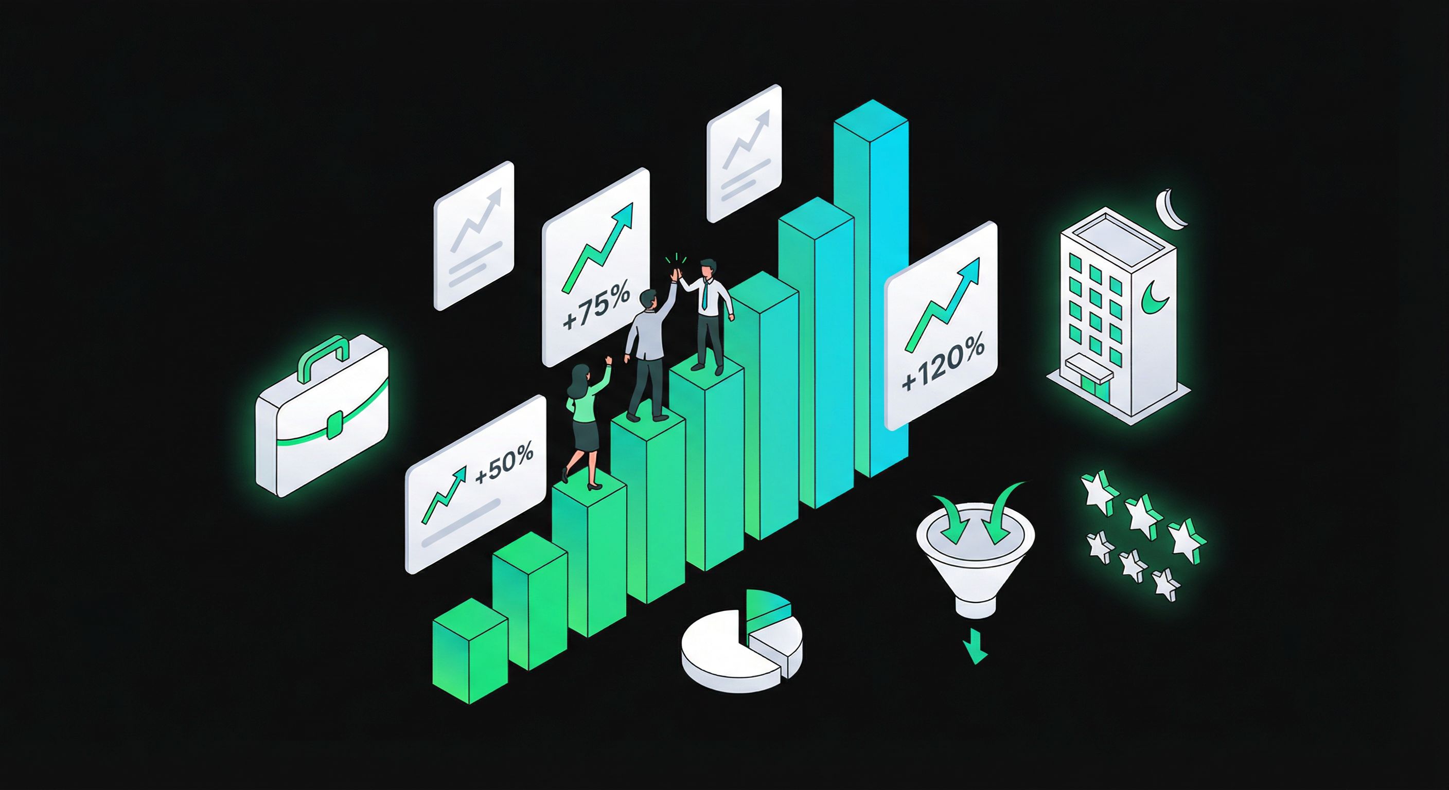 Gráficas de crecimiento empresarial con métricas ascendentes usando CRM Pasivo